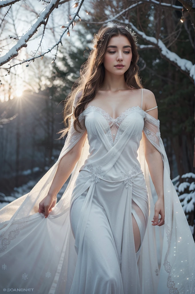 Elsa's flawless complexion gleams in the soft glow of moonlight, her ethereal figure draped in delicate, billowing fabrics fit for a winter fairy. In this breathtaking painting, the frost queen embodies purity and grace, with her porcelain skin reflecting the shimmering light around her. The intricate details of her outfit and the subtle hints of frost add a magical quality to the scene, creating a truly enchanting and captivating image.
