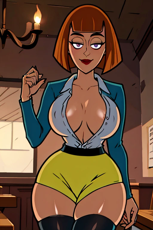 Maddie fenton, teaching a class, blazer, white shirt, partly unbuttoned showing off her big tits, cleavage, short pencil skirt, stockings, shiny skin, seductive, leaning in toward you, cocky attitude, dimly lit, night time, classroom, lifting skirt, no underwear, flashing student