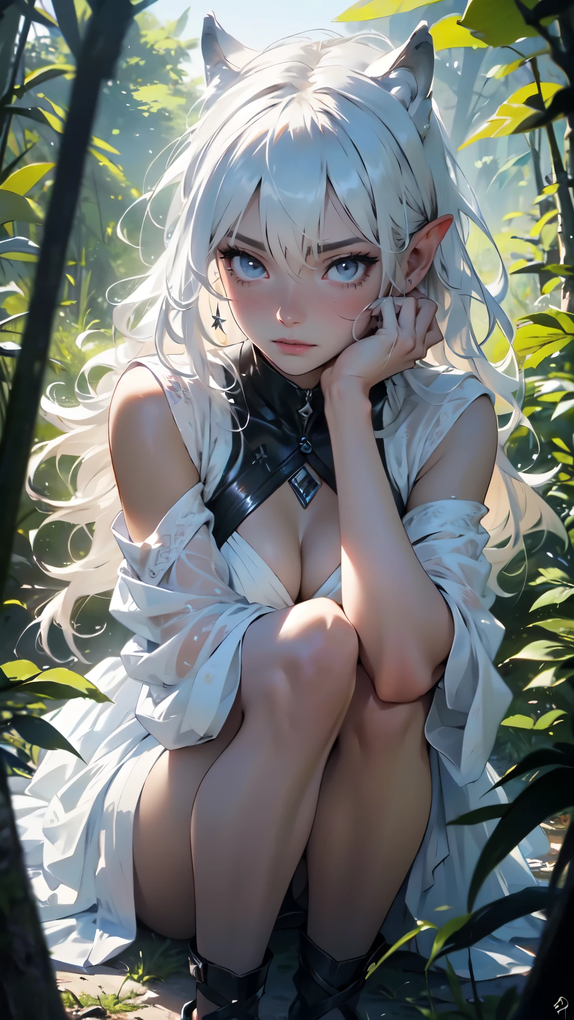 best quality,4k,8k,highres,masterpiece:1.2),ultra-detailed,(realistic,photorealistic,photo-realistic:1.37),((Best quality)), ((masterpiece)), (highly detailed:1.3),a woman white hair fringe elf dress neon gold accessories, seated shy look flushed, detailed face detailed eyes, detailed hands, butterfly, neon colors, half naked, detailed eyes,beautiful detailed lips,extremely detailed face,wolf with intense gaze,forest scene,long wavy hair flowing in the wind,wild and untamed atmosphere,sunlight filtering through the trees,enchanting background,mysterious and captivating setting,natural lighting,ethereal beauty,dark and dramatic color palette,emotional connection between the woman and the wolf,strong bond between human and nature,unforgettable moment captured by the artist,storytelling and emotion,evoking a sense of wonder and awe,surreal and dreamlike,impeccable rendering and attention to detail,perfect harmony of nature and human spirit,showcasing the strength and vulnerability in both characters,contrast between soft feminine features and the wolf's untamed nature,celebration of the wild and free spirit,creating a masterpiece that speaks directly to the soul., full body, detailed face, detailed eyes, detailet hands