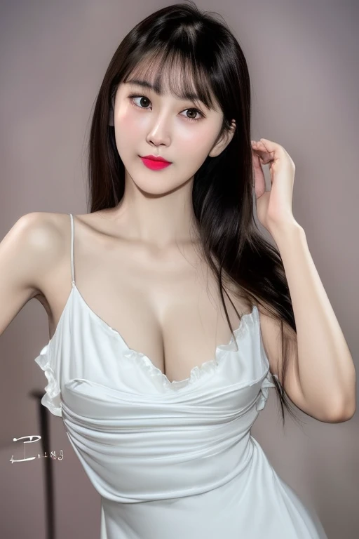 1girl,solo,Raised sexy,adolable,Light smile, long hair, By bangs, lipsticks, long eyelasher, Beautiful and delicate eyes, middlebreast, full bodyesbian, 33 yo young sexy thailand model woman, waist up pose, pose 1.4 to camera , various shot angle