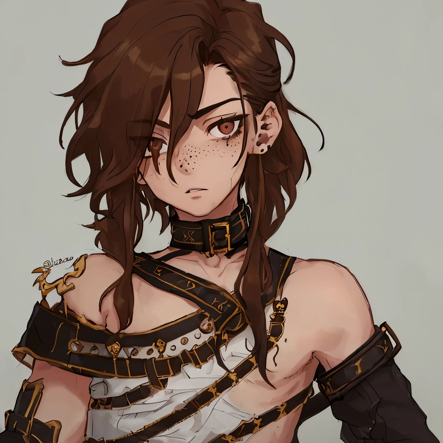 boy with shoulder length wavy brown hair, pecas, piel clara, percing en la nariz y el labio demaciado atractivo 