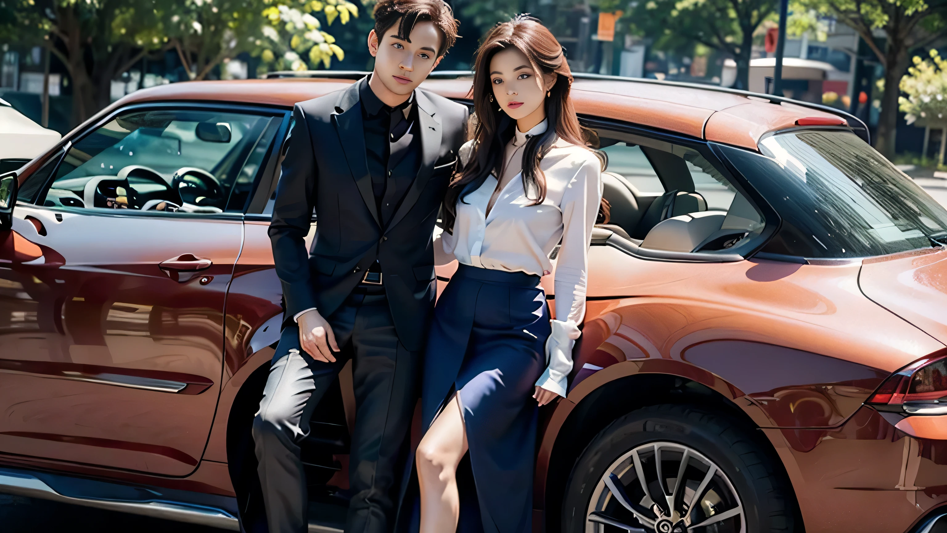 Two people, a man and a beautiful woman, couple, beautiful woman, wearing a glamour blouse, satin skirt, handsome man, suit, car,