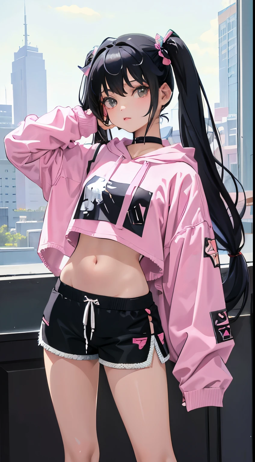 ((best quality,4K,high resolution,masterpiece:1.2)), (Full body display), (Show your whole body), (whole body:1.2), (Young Girls),(((Love Hotels)))、Contempt、 、Pick and black hoodie、1 Girl, Black Hair, long hair, Sleep, Light Particles, wallpaper, Extra short hot pants,A young girl lies flat on the bed in the bedroom, hugging her knees and showing a cute expression in the sun. Close-up,
slim body, perfect body, an anime printed super tight off shoulder long sleeve crop top, wearing super tight anime print micro shorts, a super aesthetic transparent mini jacket, beautiful hair ornament, pink jordan tennis, being photographed in a mall shop,( undressing, taking off micro shorts, showing neon pink panties, showing thong: 1.5),Denim short, clear and beautiful face、(Cute illustrations:1.2), High resolution, Extremely detailed, For the audience,