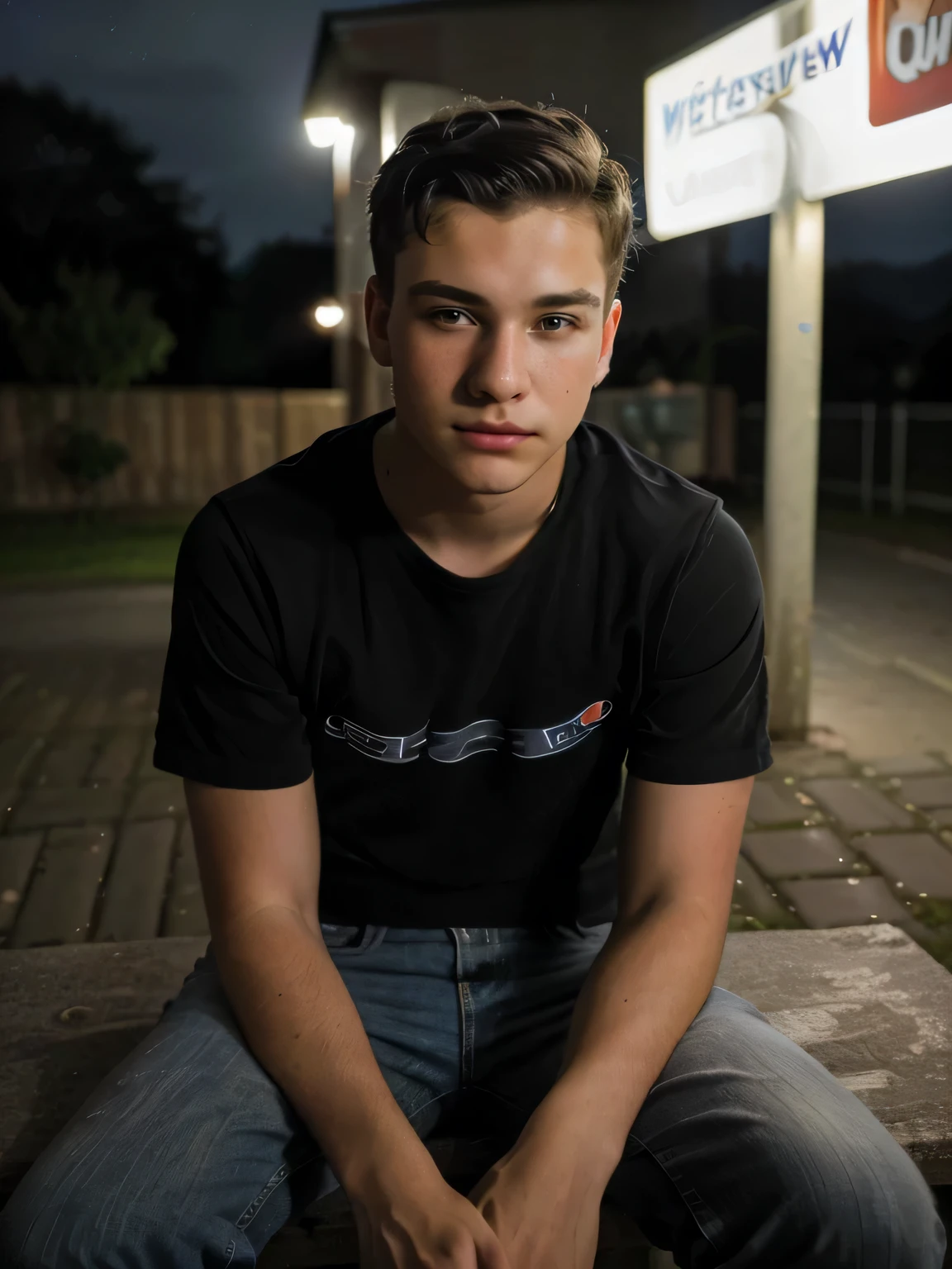 (RAW-Foto: 1.2), ((Fotorealistisch: 1.4), (Meisterwerk: 1.3), (Best quality: 1.4), Ultra high resolution, (detailed facial features), Photo of a -yeld maa young man sitting outside at night, (Hochdetaillierte Haut: 1.2), 8k uhd, DSLR, sanfte Beleuchtung, good quality