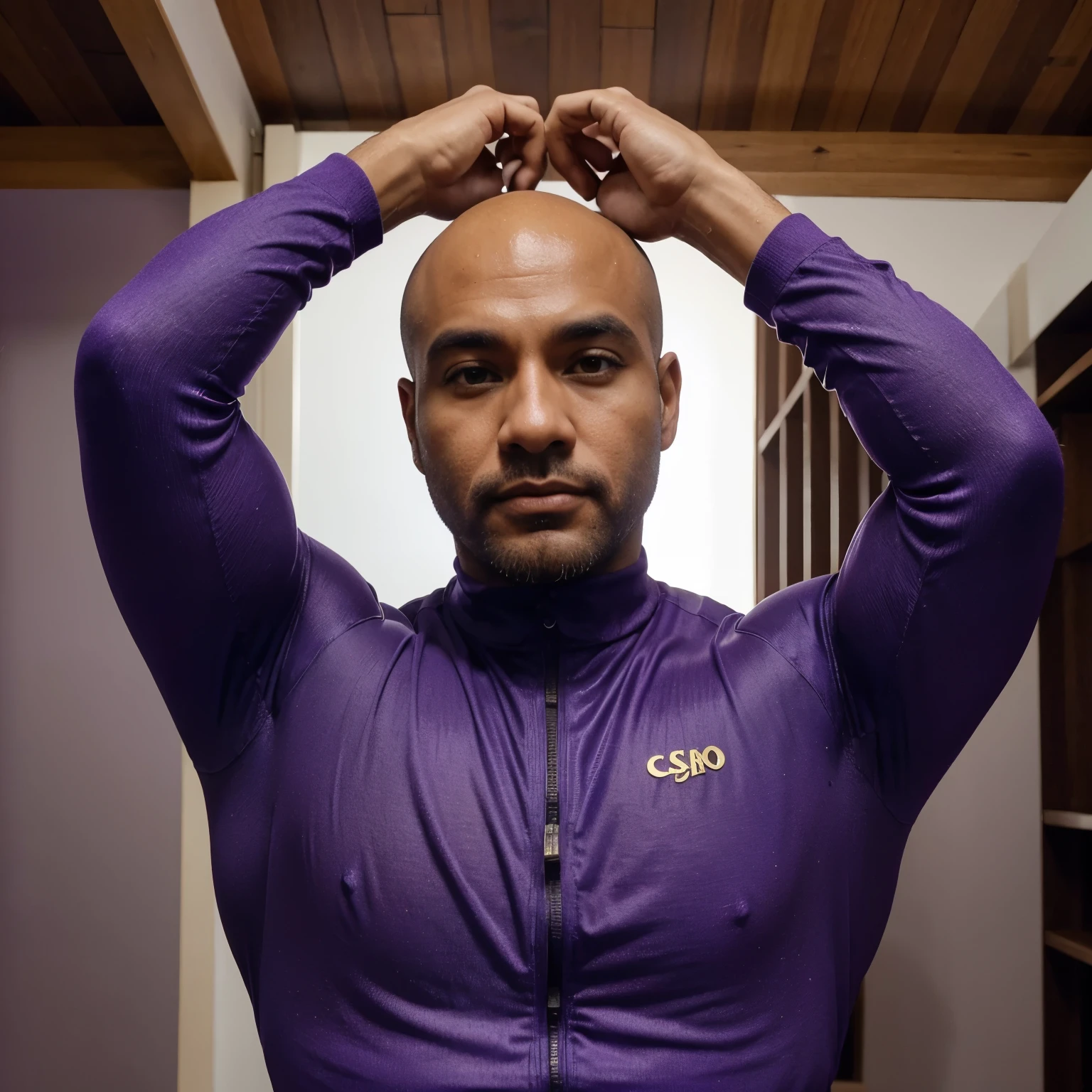 Homem de pele cinza com cabelos escorridos da cor roxo-escuro olhos da cor prata e com 1,80 m de altura