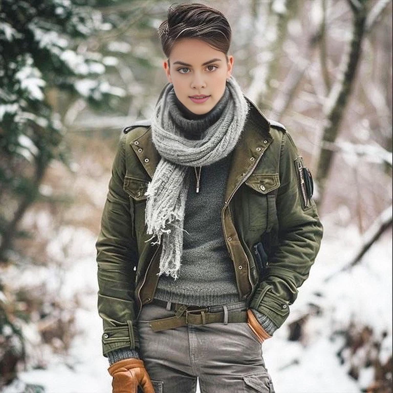 Arafed portrait of a man wearing a green jacket and scarf, beautiful hermaphrodite girl, Julia Rasumova's style, hermaphrodite person, attractive hermaphrodite humanoid, hermaphrodite male, Beautiful Tomboy Girl, beautiful hermaphrodite prince, Non-epic - binary format, hermaphrodite, testosterone, wearing military uniform