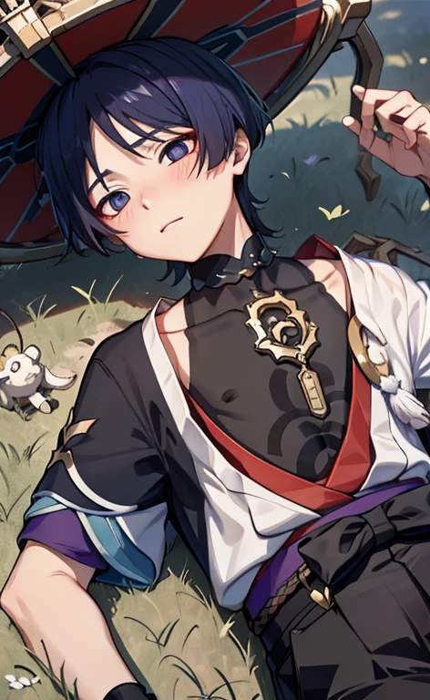 Genshin Wanderer,lying on the ground,I have a collar around my neck、I'm holding onto it,look up,Blushy,The clothes are awful