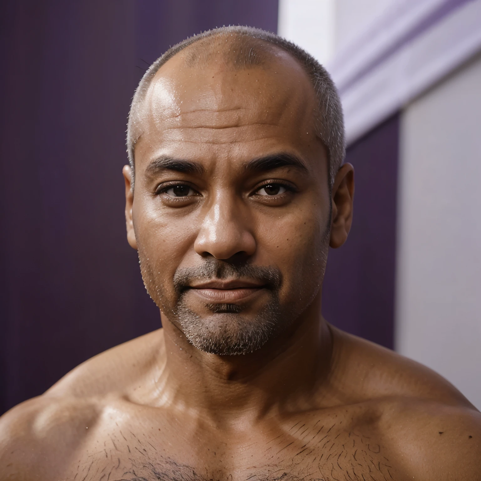 Homem de pele cinza com cabelos escorridos da cor roxo-escuro olhos da cor prata e com 1,80 m de altura