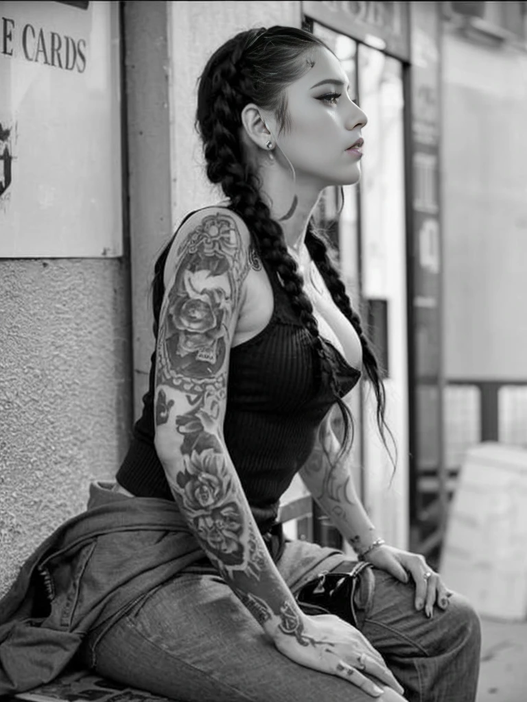 arafed woman with tattoos sitting on a bench in front of a building, with tattoos, with black pigtails, long braided black hair, tattoos and piercings, long black braided hair, inked, long pigtail, tattoo sleeve on her right arm, style of ink, tattooed pinup, tattooed, long dark braided hair, black and grey tattoo style, long black braids