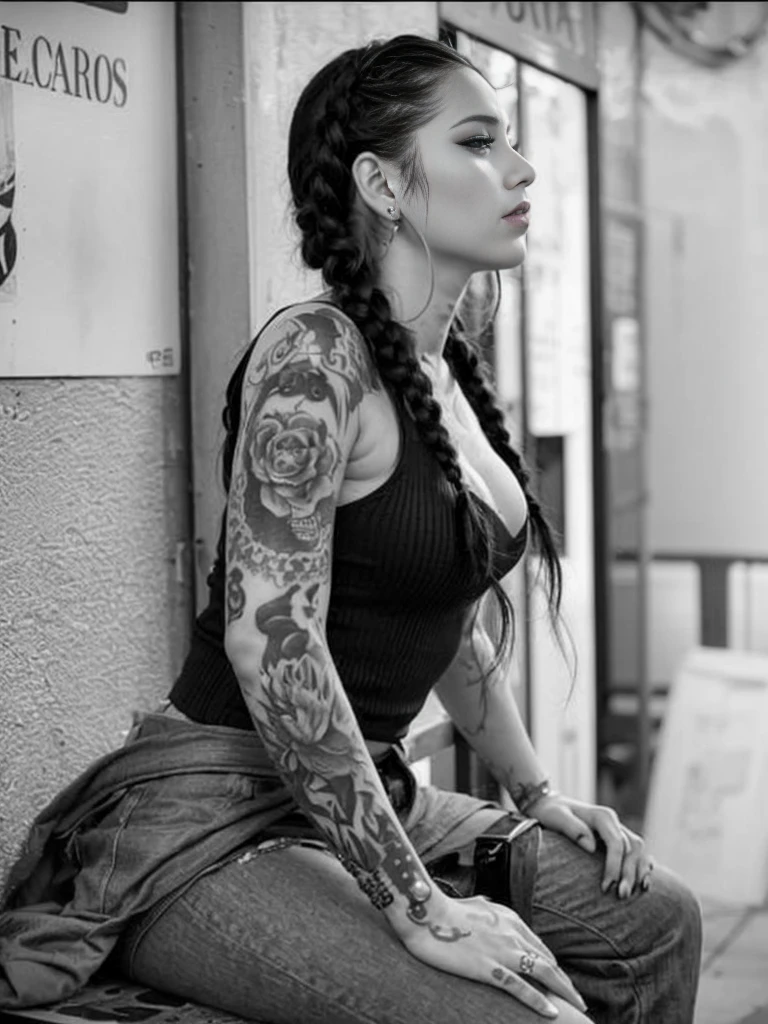 arafed woman with tattoos sitting on a bench in front of a building, with tattoos, with black pigtails, long braided black hair, tattoos and piercings, long black braided hair, inked, long pigtail, tattoo sleeve on her right arm, style of ink, tattooed pinup, tattooed, long dark braided hair, black and grey tattoo style, long black braids