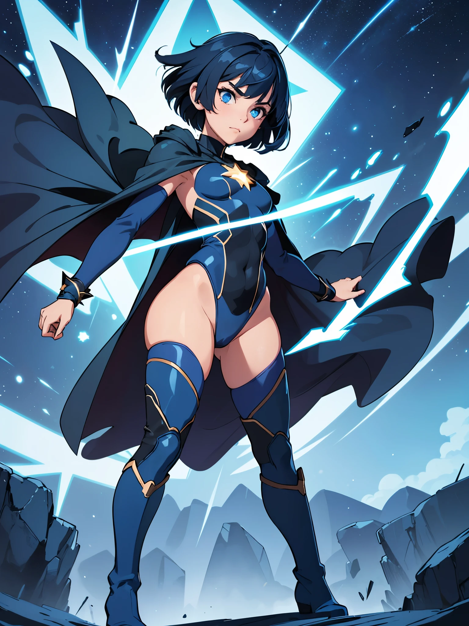 masterpiece, best quality, 1girl, superhero, ((leotard, dark blue leotard)), long sleeves, ((shoulder-length cape)), bare legs, boots, dark blue boots, matching boots, medium breasts, diffraction spikes, light particles, aura, blue aura, standing, standing straight, space backdrop, blue hair, ((short hair, bob hair)), blue eyes, beautiful detailed eyes, beautiful detailed face, cute face, heroic, ((star symbol on the chest)), serious, full body with costume, full body, cowboy shot