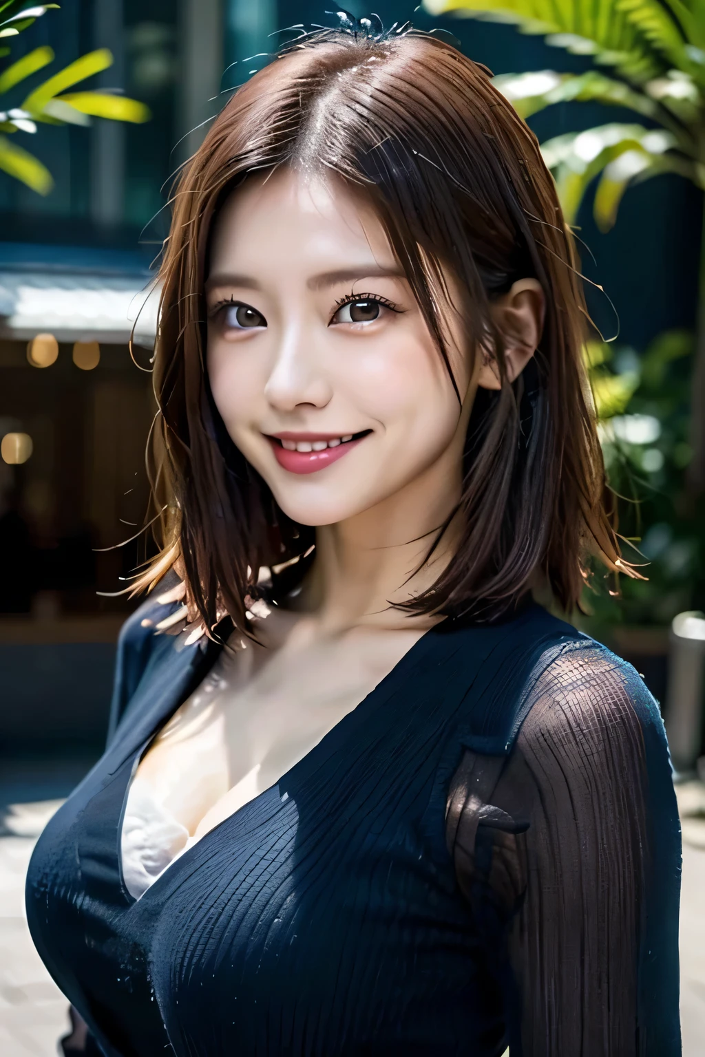 (((Expressing happiness through facial expressions:1.3))).(Transparent and revealing clothing:1.3, ),(Cute Cyberpunk Soldier:1.3),(((cyberpunk suit))), open jacket,(Run through the jungle.:1.3),(((Colorful short hair with shiny light brown and orange stripes on the nape))),(((messy hair))),perfect round face,cute eyes,cute smile,A cheerful smile that makes the viewer happy,(((bright appearance:1.3))),big breasts,emphasize the chest,perfect body curves,beautiful clavicle、wet hair,wet face,wet body,wet skin,wet costume,Detailed features of garments,Detailed characteristics of hair,detailed facial features,look at the camera,(dynamic angle),(dynamic and sexy pose),cinematic light,(pieces fly,highest quality,Ultra high resolution output image,written boundary depth,intricate details,The contrast of light and shadow makes the subject appear three-dimensional,) ,digital illustration,Single-lens reflex camera, (Photoreal:1.3),(8K quality,Anatomically correct facial structure,),(sea art 2 mode:1.3),(Image mode Ultra HD,)