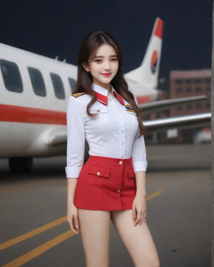 ((top-quality、9k、masterpiece:1.8))、Beautiful woman with perfect body:1.7、slim abdomen:1.8、Longhair, 38 inc breast size, Highly detailed facial and skin texture, A detailed eye, delicate eyes, double eyelid, (cute smile), (full body shot), ((full buss)), ((sitting on chair), ((wearing Korean army uniform)), looking in front