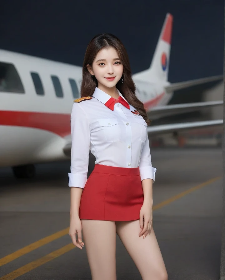((top-quality、9k、masterpiece:1.8))、Beautiful woman with perfect body:1.7、slim abdomen:1.8、Longhair, 38 inc breast size, Highly detailed facial and skin texture, A detailed eye, delicate eyes, double eyelid, (cute smile), (full body shot), ((full buss)), ((sitting on chair), ((wearing Korean army uniform)), looking in front