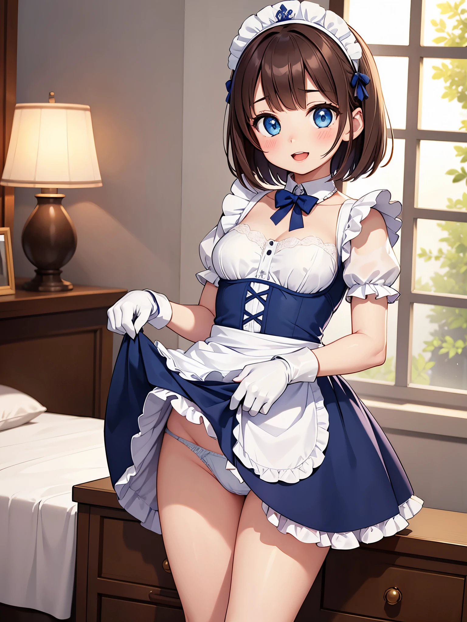 1girl,android,blue dress,blue eyes,blush stickers,bow,bow panties,brown hair,cleft of venus,clothes lift,curtains,dress,dress lift,eyelashes,gloves,indoors,joints,lamp,looking at viewer,maid,maid headdress,muntins,nightstand,open mouth,pale skin,panties,panty pull,parted lips,pussy,robot joints,short hair,smile,solo,underwear,white gloves,white pantie,window