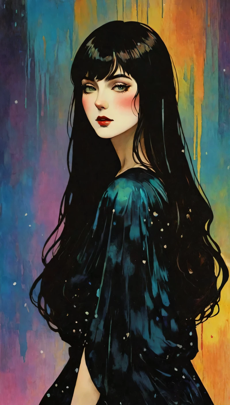 chiaroscuro technique on sensual illustration of an elegant queen (((long hair with bangs:1.4、Beautiful bangs) , vintage ,silky dress, matte painting, by John Singer Sargent, by Harumi Hironaka, abstract background, (upper body:1.5), Rainbow rain, highly detailed, digital artwork, high contrast, dramatic, refined, tonal, an intimate, seductive studio setting with a focus on sensuality and romance. Utilize soft, warm lighting that bathes the space in a gentle, inviting glow. Incorporate luxurious fabrics, plush furnishings, and a touch of decadence to evoke an opulent ambiance. The scene should exude an air of serenity and anticipation, inviting the viewer into a sensual and romantic space