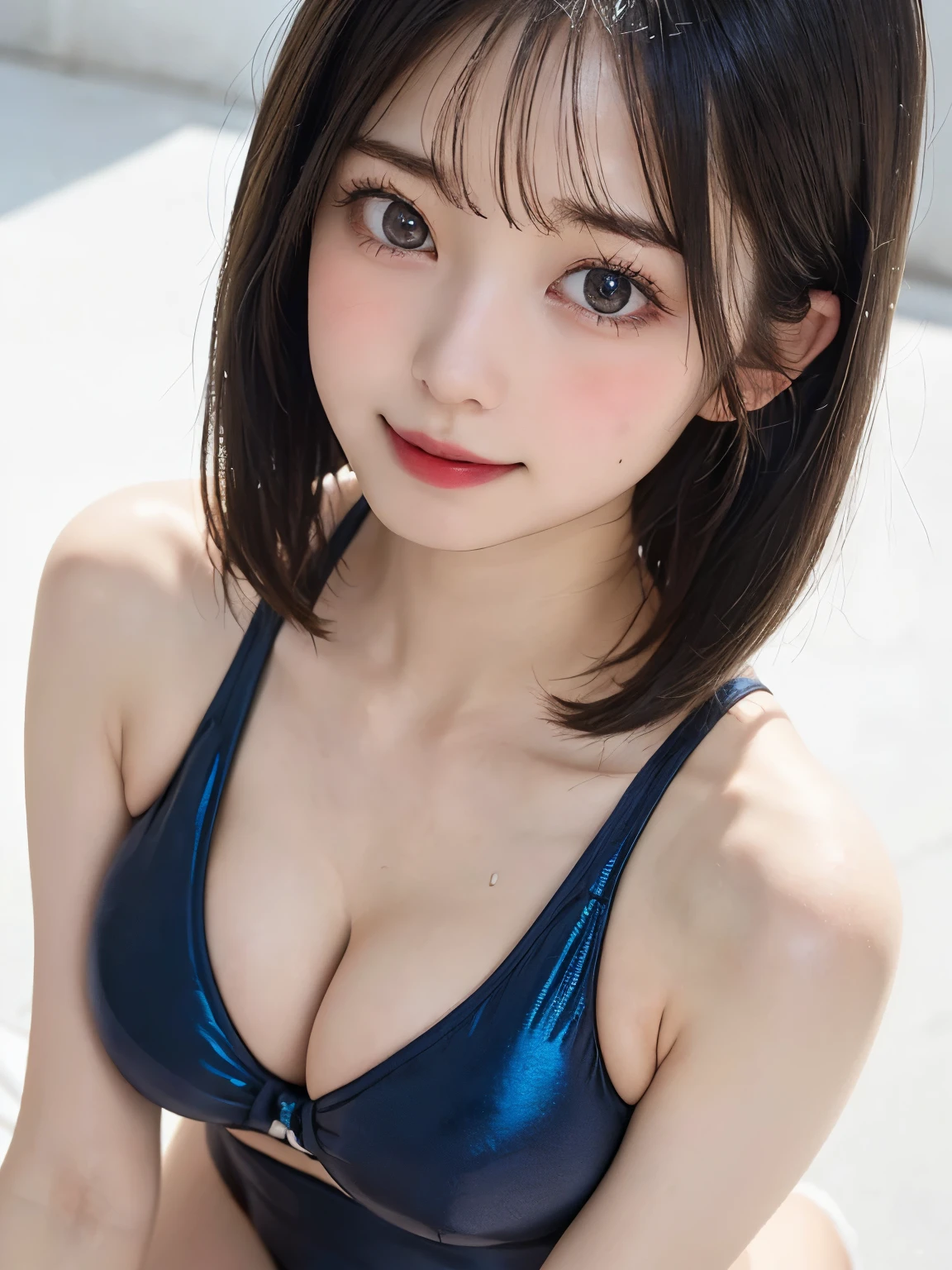 masterpiece, highest quality, ultra high resolution, (realistic photo: 1.4), ((1 girl, pale white skin: 1.4, kneel down, From above, looking up at the viewer, close up of face, 28 years old, cute, cute, black hair, bob_cut, short hair, big breasts: 1.6)) (bikini swimwear: 1.3, Simple blue and black two-tone swimsuit, shiny shiny shiny swimwear, Glossy swimsuit with reflective surfaces, soaking wet body: 1.2) (portrait of famous japanese actress), (smile, Happy, Joyful, Hilarious, close your mouth), (chest is pinched between arm and chest), high definition eyes, really pure white background, long neck, bangs, eyelash, Big eyes