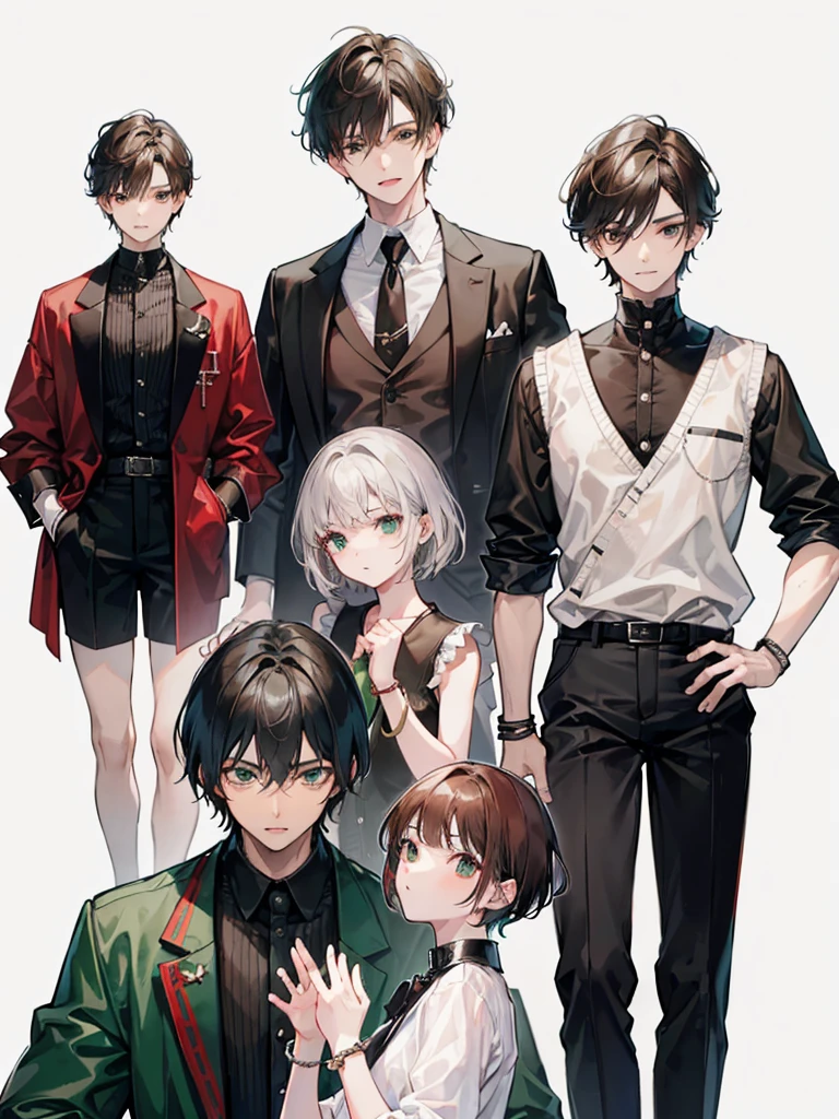 1. -old boy. reddish-black short hair, 3. light brown eyes, 4. green and white , 5. handsome yong man, 6. sliver and black bracelet, 7. slightly tall, 8. sharp k-9 teeth, 9. nonchalant attitude