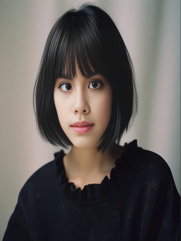 Photo of Arafed, a woman wearing a black shirt and black blouse., have short hair, have short hair with bangs, neat hair with bangs, With a bob haircut, with bangs, full bangs, she has black hair with bangs, short black hair with bangs, black hime haircut, Long hair reaching the chin, black bob hair, black bob hair