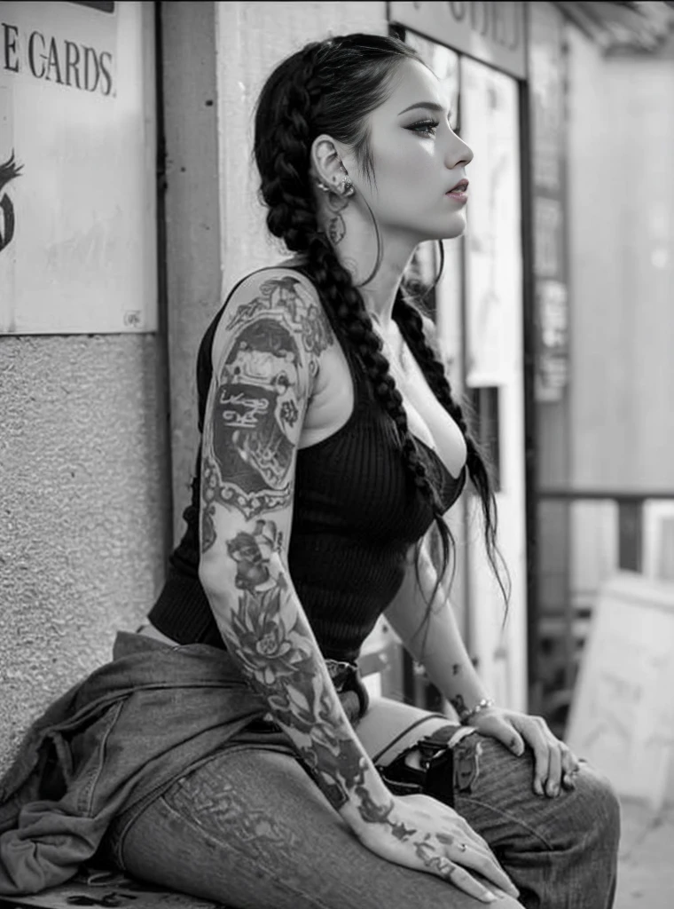 arafed woman with tattoos sitting on a bench in front of a building, with tattoos, with black pigtails, long braided black hair, tattoos and piercings, long black braided hair, inked, long pigtail, tattoo sleeve on her right arm, style of ink, tattooed pinup, tattooed, long dark braided hair, black and grey tattoo style, long black braids