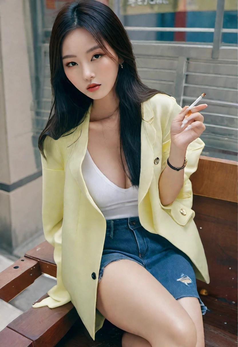 Asian woman sitting on a bench and smoking a cigarette, generous cleavage open jacket, Black and, open jacket, short jacket, Wearing a ripped cropped T-shirt, Height: 165cm, wearing a black aristocratic suit, wearing a fancy black jacket, black jacket, Choi Hong Hwa, wearing a black jacket, Photographed with canon 80d, korean girl