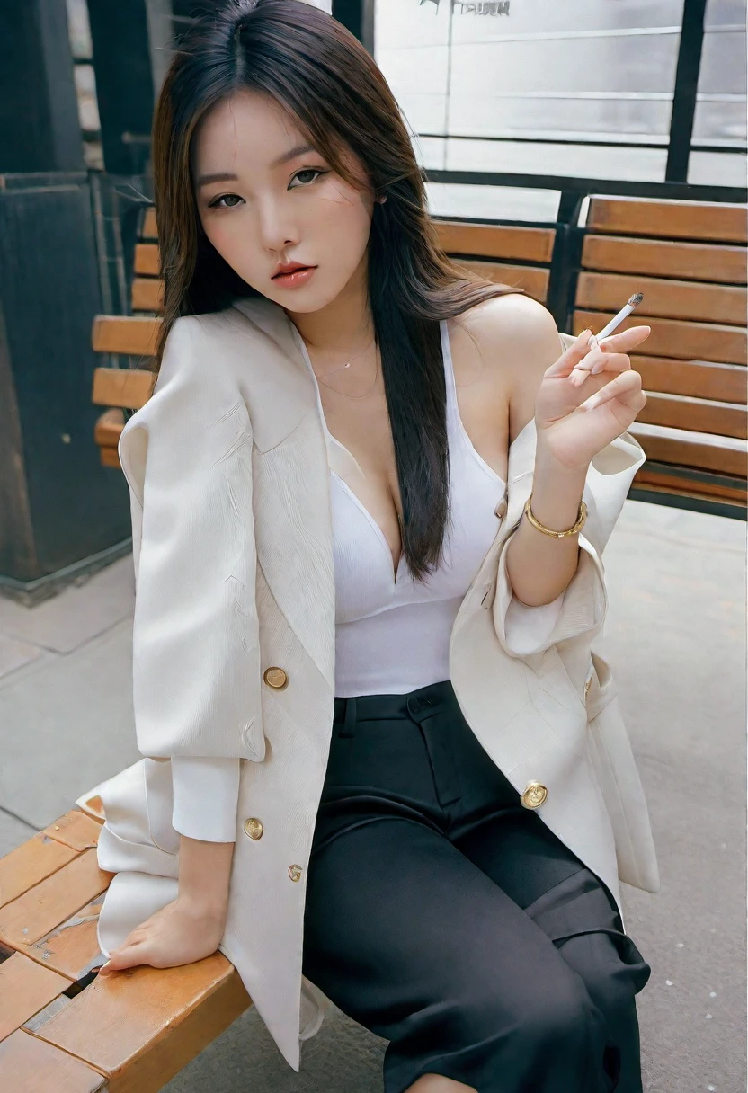 Asian woman sitting on a bench and smoking a cigarette, generous cleavage open jacket, Black and, open jacket, short jacket, Wearing a ripped cropped T-shirt, Height: 165cm, wearing a black aristocratic suit, wearing a fancy black jacket, black jacket, Choi Hong Hwa, wearing a black jacket, Photographed with canon 80d, korean girl