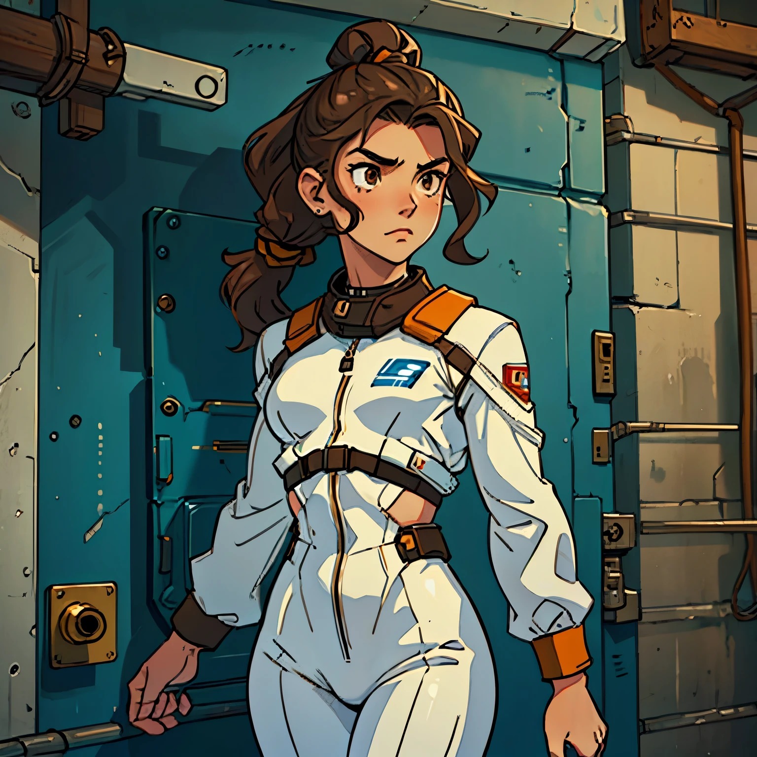 (Caucasian ager), 18 years old, brown eyes, (wavy brown hair), (hair tied back), medium hair, small medium breasts. She wears a white sci-fi suit, solo, inside uturistic cell in a prison