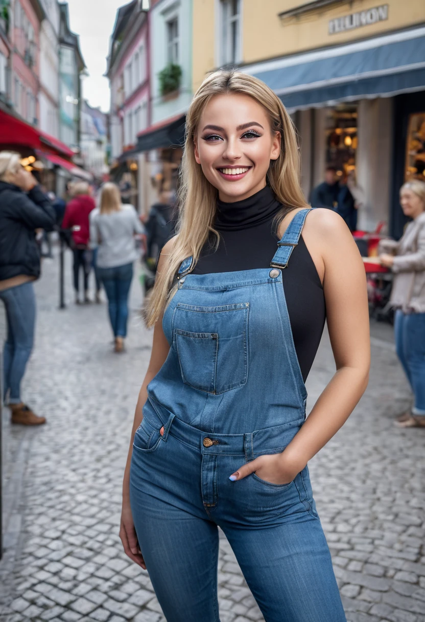 8K, Best quality, Meisterwerk, Ultra high resolution, (Realismus: 1.4), Originalfoto, (realistische Hautstruktur: 1.3), (Filmkorn: 1.3), (Selfie-Winkel), 1 girl, Beautiful eyes and facial details, Meisterwerk, Best quality, Full body shot, den Betrachter anschauen, langes glattes blonder bun, grosse Brust, dezentes Make-Up mit Eyeliner, embarrassed smile, casual outfit with denim pants, street photography