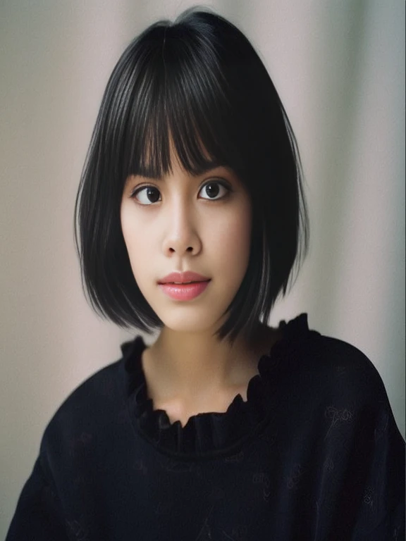 Photo of Arafed, a woman wearing a black shirt and black blouse., have short hair, have short hair with bangs, neat hair with bangs, With a bob haircut, with bangs, full bangs, she has black hair with bangs, short black hair with bangs, black hime haircut, Long hair reaching the chin, black bob hair, black bob hair