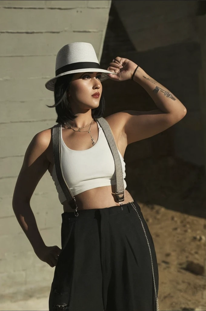 arafed woman in a white top and black pants and a hat, wearing a sexy cropped top, wearing a chocker and cute hat, wearing a crop top, 1920s vibes, wearing a cropped top, dystopian retro 1920s vibe, halter top, wearing crop top, crop top, wearing a cropped black tank top