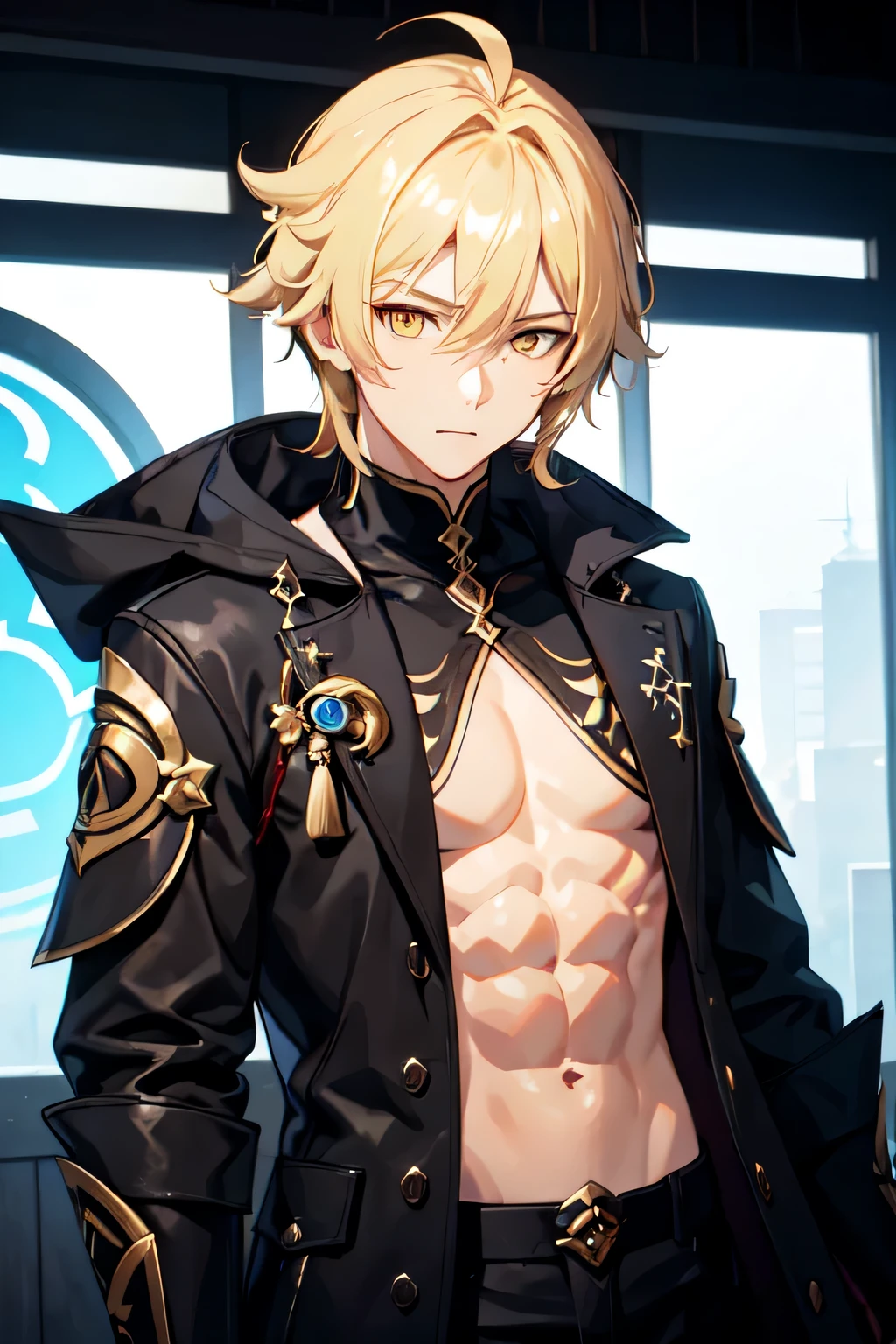 Make the image of a male character by Genshin Impact, he has medium blonde hair, muscular body, wears a black coat and has yellow eyes 