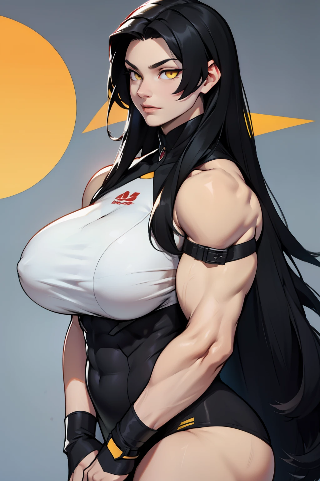 (((long hair))) black hair yellow eyes pale skin muscular girl huge breasts 