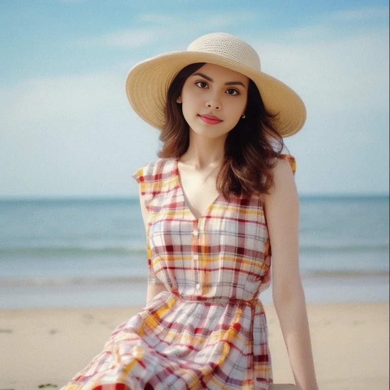Araaf woman in a plaid dress and hat sits on a bench., with straw hat, wearing straw hat, pajamas, Wear a summer dress., have a hat, Wear a wide sun hat., straw hat, cute checkerboard pajamas, Vertical 60mm, Wearing a red plaid dress., shot with canon eoa 6 d mark ii, cute woman