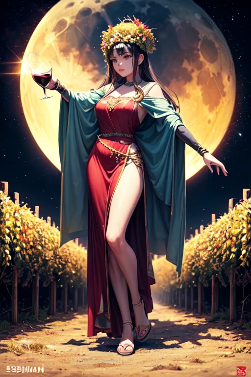 an lesser goddess ((embodying the Wine and the Harvest)), (dressed in flimsy cloth and little striips of fabric), composed of the grapes from Minecraft and the golden wheat from Roblox, ((full body stood dramatically)), in (((SOA style))), colorful, colored, crisp, lines art, cartoon effect, comic art effect, (moon night background:1.2), art by Alex Ross|art by Sakimichan