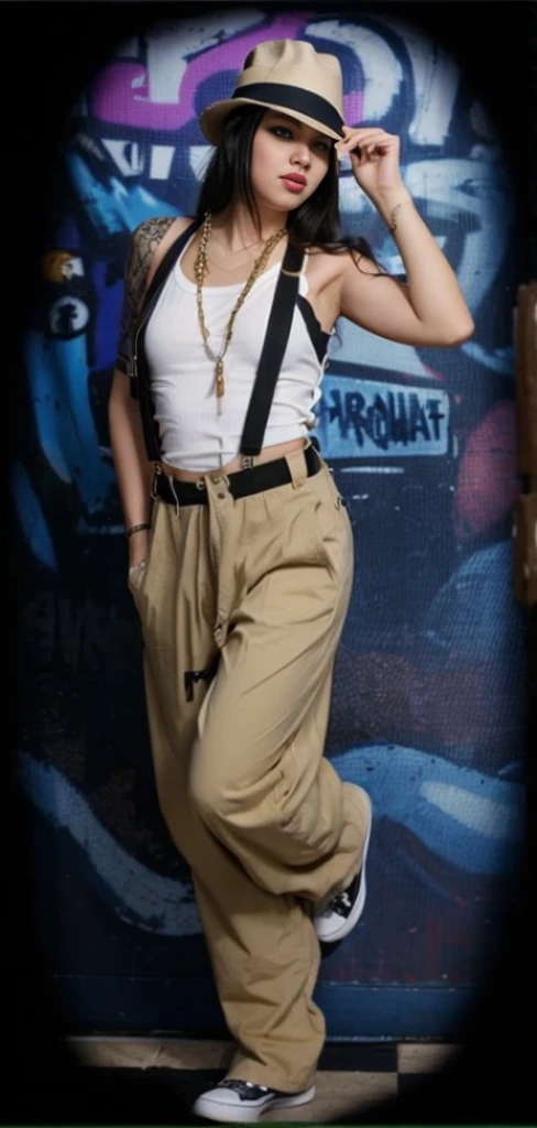there is a woman in a hat and suspenders posing for a picture, baggy pants, wearing a baggy, hip hop style, lowrider style, rockabilly style, suspenders, baggy clothing and hat, selena quintanilla perez, 9 0 s hip - hop fashion, full body shot!!, baggy, late 2000’s