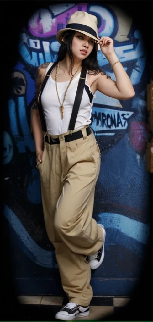 there is a woman in a hat and suspenders posing for a picture, baggy pants, wearing a baggy, hip hop style, lowrider style, rockabilly style, suspenders, baggy clothing and hat, selena quintanilla perez, 9 0 s hip - hop fashion, full body shot!!, baggy, late 2000’s