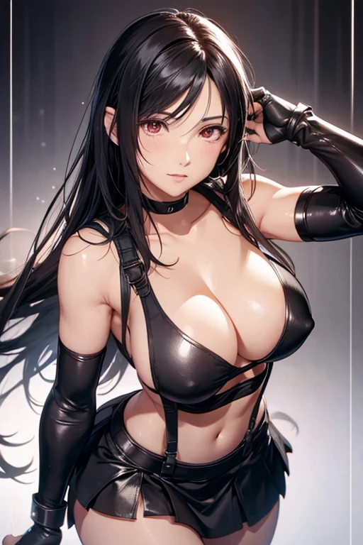 8k,masterpiece, bset quality,big, (1 girl), tifa lockhart, red_eyes, black hair, long hair, professional lighting, (shiny skin: 1.2), shiny big, ((best quality)), sharp focus: 1.2, highly detailed face and skin texture, detailed eyes, perfect face, perfect body, blur art, cg, background, Big breasts, presence (20yo, mature cool and beautiful face), wearing ((suspender black skirt), black elbow gloves, white taut shirt, thigh, white tank top), blush, (mittgal), ((, breasts and  ,  and  )),random pose, top view,
