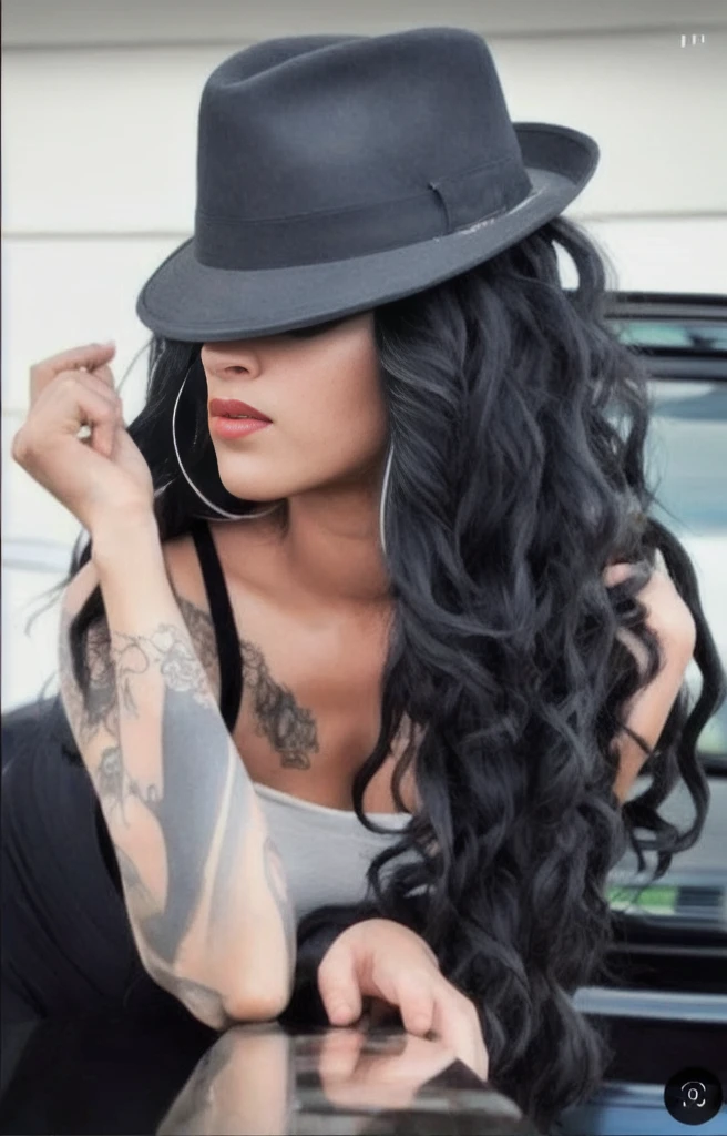 a close up of a woman with a hat and a tattoo on her arm, long black curly hair, long wild black curly hair, black long curly hair, long curly black hair, elaborate long black hairstyle, wavy long - length black hair, long curvy black hair, black curly hair, wavy long black hair, curly black hair, black wavy hair, wavy black hair