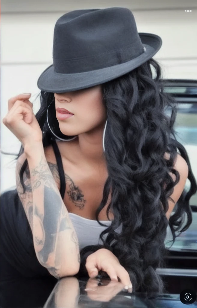 a close up of a woman with a hat and a tattoo on her arm, long black curly hair, long wild black curly hair, black long curly hair, long curly black hair, elaborate long black hairstyle, wavy long - length black hair, long curvy black hair, black curly hair, wavy long black hair, curly black hair, black wavy hair, wavy black hair