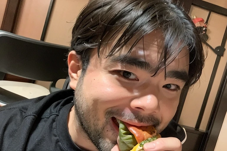 (Eating a hamburger), ３０Year old man, black eye,