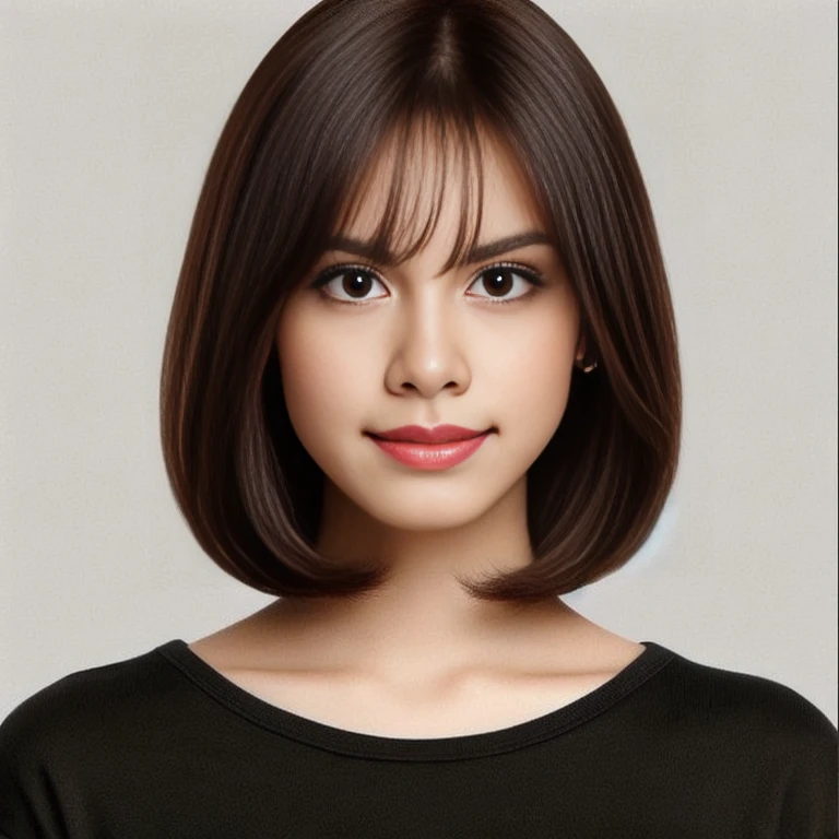 Woman with short brown hair and a black shirt, Long hair reaching the chin, Short-medium length hair, have short hair, short straight hair, medium short hair, I have neat hair and bangs., long bob cut, bob haircut, short hair style, photorealistic beautiful face, Short brown hair with bangs, Separate the middle section., long bob hair
