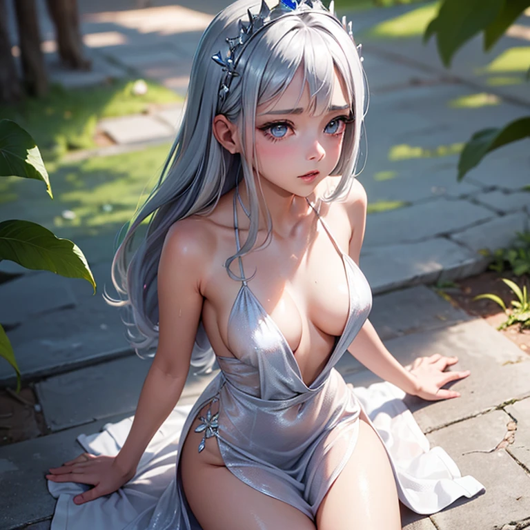The girl had silver hair, que brillaba al sol, y ojos azules brillantes que brillaban como diamantes. Her  figure was wrapped in a revealing dress, mientras alas plateadas brotaban de su espalda. On her head was a diamond crown that shone even in the shadows..