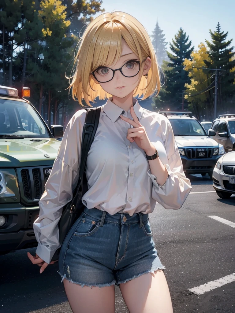 High resolution、Perfect skeleton、perfect fingers、perfect face、20 year old female、shiny hair quality、beautiful blonde、bob hair、Glasses、Glasses美人、camp、outdoor、chill time、camp女子、outdoor、SUV、car、4wd、awd、woman driving a jeep