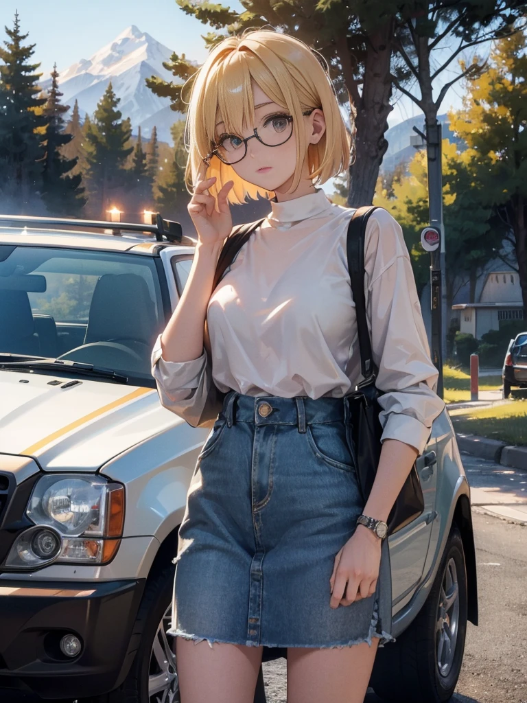 High resolution、Perfect skeleton、perfect fingers、perfect face、20 year old female、shiny hair quality、beautiful blonde、bob hair、Glasses、Glasses美人、camp、outdoor、chill time、camp女子、outdoor、SUV、car、4wd、awd、woman driving a jeep