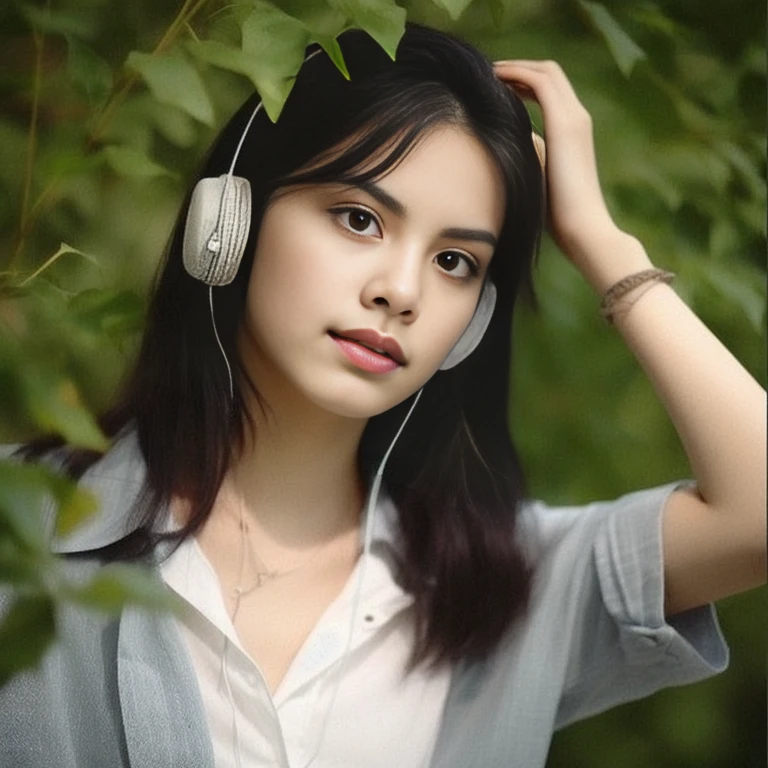 arafed woman with earphones standing in front of a tree, with earphones, with headphones, high quality vertical, girl wearing earphones, wearing earphones, Profile picture, vertical picture, earphones, Portrait of Lofi, Listen to music, earphones, young asian woman, Chinese girl, Tomorrow, Tran., Lofi girl, สวมearphonesที่ทันสมัย
