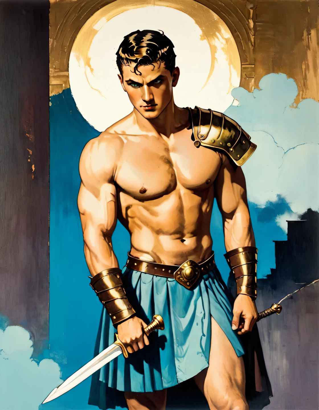 chiaroscuro technique on impressionist illustration of an masculine, 50s male model, handsome Roman, he is the god of war, he is Ares, Mars, evil-color, strong look, light blue eyes, strong jawline, dressed as a gladiator, ancient gladiator, male gladiator skirt, matte painting, by Harumi Hironaka, extremely soft colors, vibrant, pastel, highly detailed, digital artwork, high contrast, golden dramatic, refined, tonal, an intimate, titanic color