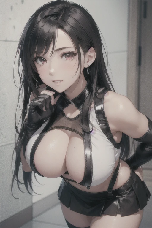 8k,masterpiece, bset quality,big, (1 girl), tifa lockhart, red_eyes, black hair, long hair, professional lighting, (shiny skin: 1.2), shiny big, ((best quality)), sharp focus: 1.2, highly detailed face and skin texture, detailed eyes, perfect face, perfect body, blur art, cg, background, Big breasts, presence (20yo, mature cool and beautiful face), wearing ((suspender black skirt), black elbow gloves, thigh, white tank top raised to expose breasts and areolas), blush, (mittgal), ((nude, breasts and genitals exposed, vulva and clitoris exposed)),random pose, top view,