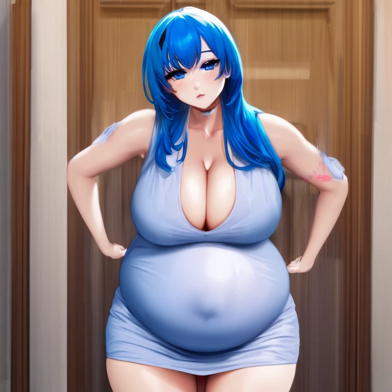 Pregnant, massive cleavage, extremely large breasts, sexy, completely naked, blue eyes, blue hair, extremely large buttocks, massive belly, 