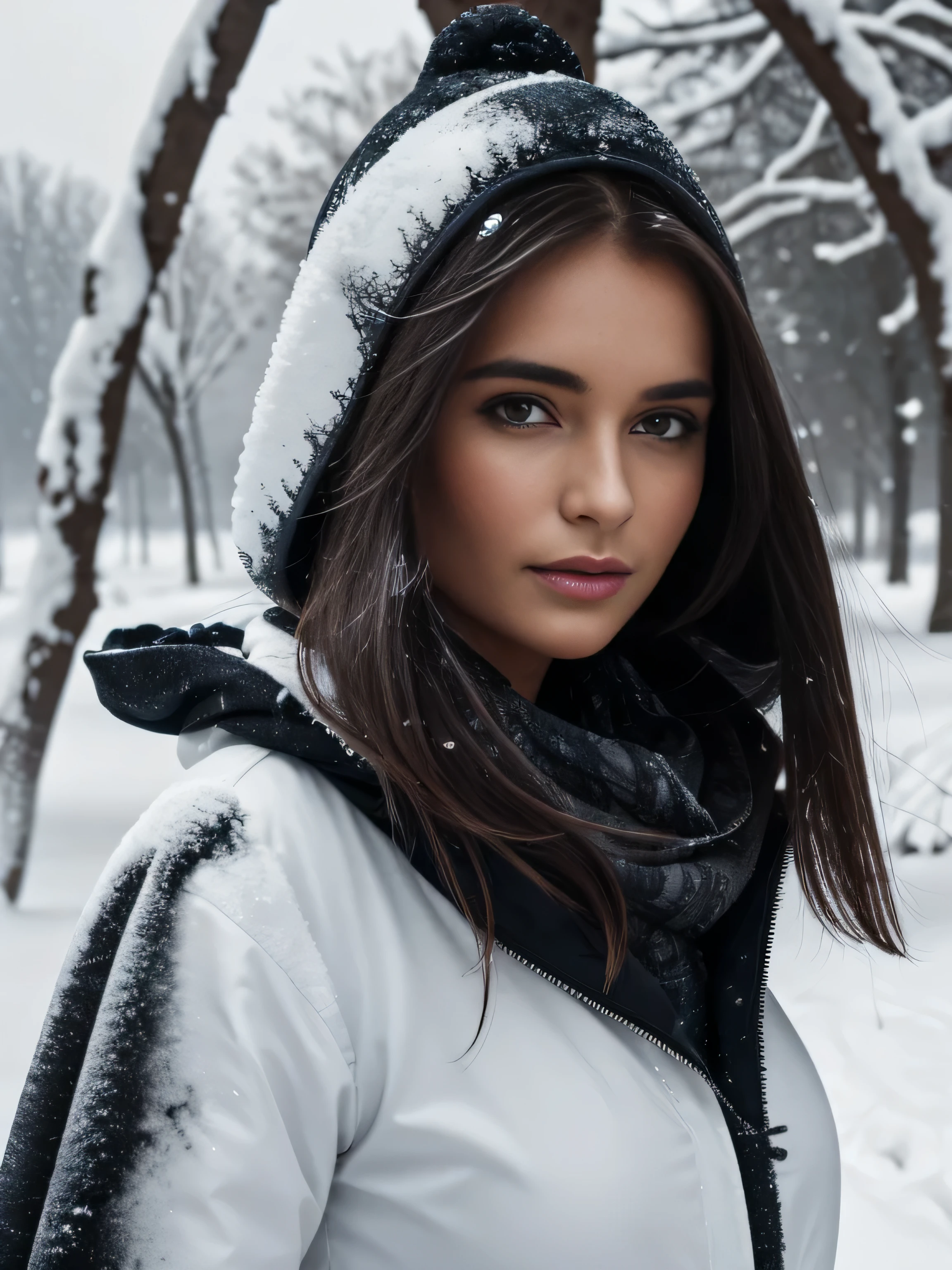 A dark queen in the snow,  (perfekte Augen:1.21), Perfect hands, Perfect body, perfektes Haar, Perfekte Brust, Haare hinter dem Ohr, happy attitude, UHD, Retina, Meisterwerk, genau, Anatomisch korrekt, strukturierte Haut, Super Detail, hohe Details, good quality, award-winning, Best quality, highres, 16k, 8k,