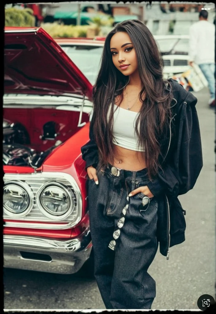 a close up of a woman standing next to a car with a hood on, standing in front of lowrider, lowrider style, selena quintanilla perez, swagger! lowrider culture, in a hood, :: madison beer, vanessa morgan, her belly button is exposed, bra and shorts streetwear, tinyest midriff ever, teenage vanessa morgan, madison beer